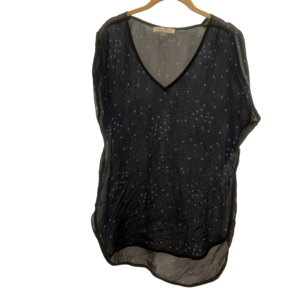 Geren Ford semi sheer Light blue navy blue polka dot 100% SILK top XS